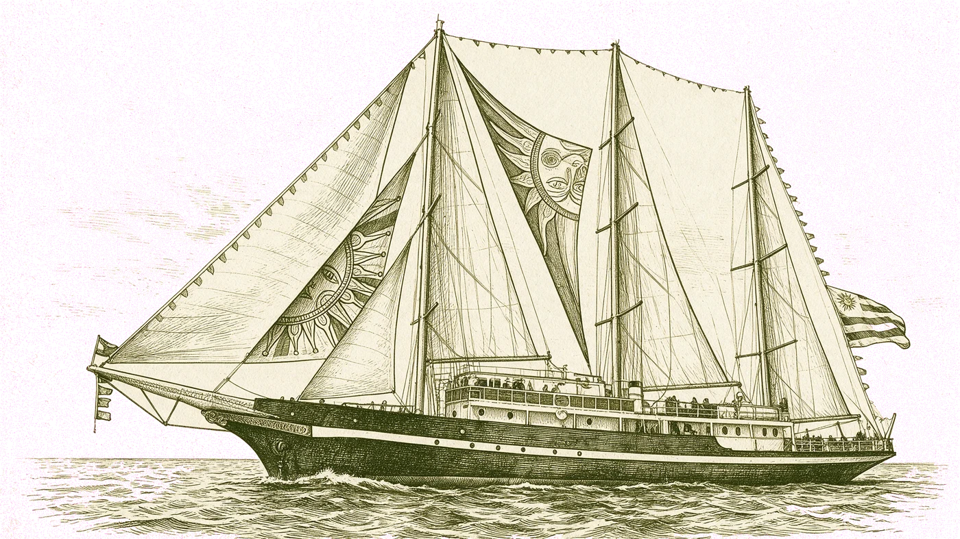 Ilustración estilo grabado del buque escuela Capitán Miranda